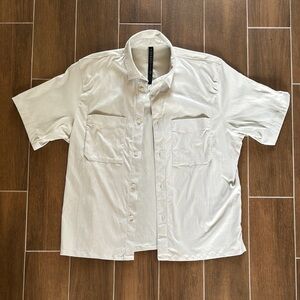 Lululemon Relaxed Fit Short Sleeve Button Up Shirt \ “Bone” Color worn